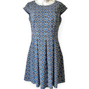 Womens Fit & Flare Pleated Dress Sz 10 Blue Black Lined Modest Work Business